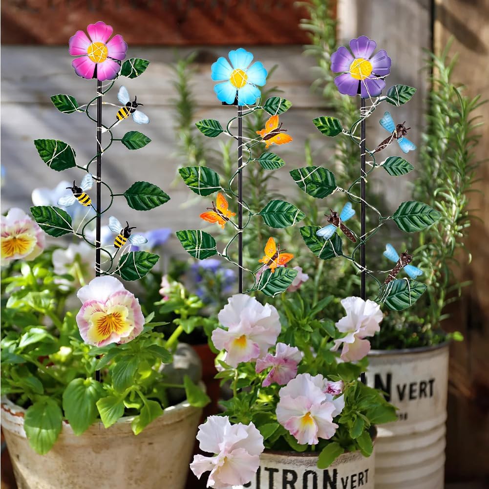 Set of 3 Solar Garden Lights,23'' H Flowers＆Insect Decorative Garden Stakes,Waterproof Metal Spring Yard Art Decor,Solar Stake Lights for Outside,Lawn,Yard,Patio