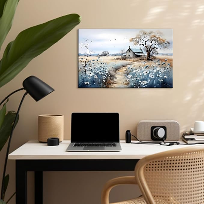 CYULWNNO Rustic Farmhouse Wall Art Beautiful Field Painting Pictures Decor Wildflower Barn Canvas Prints Nature Scenery French Countryside Poster for Bathroom Bedroom Living Room Wall Decor 12x16in Framed