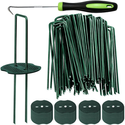 Bakulyor 200pcs Green Artificial Turf Stakes Staples + 200pcs Buffer Washer, 6 Inch 11 Gauge Landscape Staples, Galvanized Lawn Spikes, Heavy Duty Yard Ground Pin for Grass Weed Barrier Sod Fabric