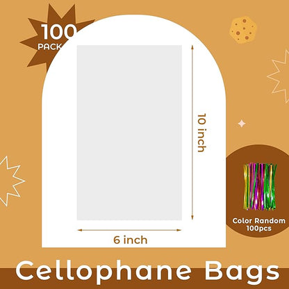 NPLUX 100 Pack Cellophane Bags Small Plastic Cookie Bag Clear Treat Bags with Twist Ties for Small Gift Party Favors, Bakery, Candy, Popcorn (6×10In)
