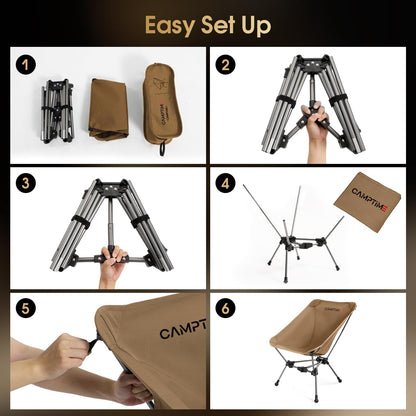 Camptime Portable Camping Chair, Lightweight Compact Backpacking Chair with Side Pocket, Wide Seat Folding Chair for Camping, Hiking, Beach - Supports 330Lbs, Khaki