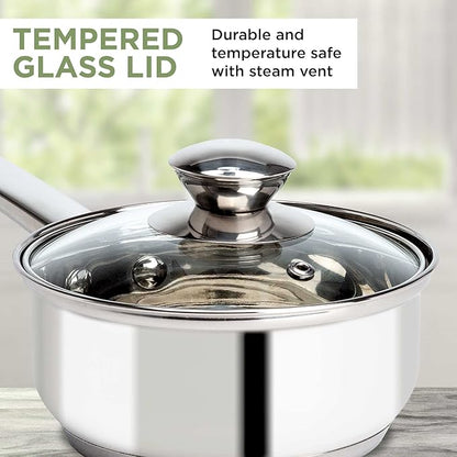Ecolution Stainless Steel Sauce Pan, Encapsulated Induction Ready Cooking Pot with Glass Lid, Oven Safe, Dishwasher Safe Soup Pot, 1-Quart
