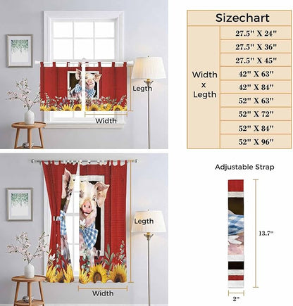 Pig Sunflowers Living Room Curtains 84 Inch Length, Window Curtains Tab Top, Eucalyptus Leaves Floral Bees Red Barn Light Filtering Window Treatments Drapes 42"x84" 2 Panel