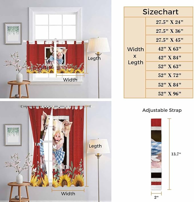 Pig Sunflowers Bathroom Curtains 63 Inch Length, Window Curtains Tab Top, Eucalyptus Leaves Floral Bees Red Barn Light Filtering Window Treatments Drapes 52"x63" 2 Panel