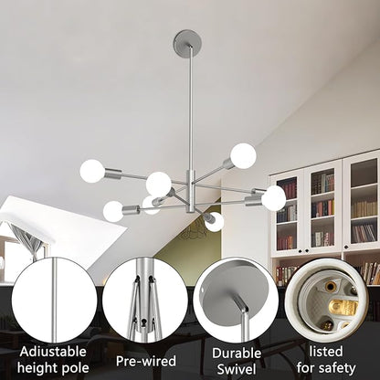 Modern Chandelier, 53 InchH Sputnik Ceiling Light Dining Room Light Fixtures Over Table Height Adjustable Mid Century Hanging Light E26 Pendant Lighting for Bedroom Kitchen Foyer 8-Light Silver