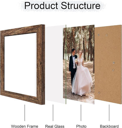 8.5x11 Picture Frame Set of 4, High Definition Real Glass Rustic Frame, Wood Photo Frames 8.5 by 11 Diploma Document for Wall Hanging and Tabletop Display