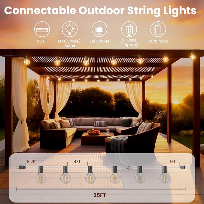 RTTY Outdoor String Lights 25 FT, G40 Led Patio Globe Lights with 13pcs Bulbs,Waterproof Shatterproof Dimmable Connectable Hanging for Cafe Bistro Backyard Gazebo Balcony Deck Party