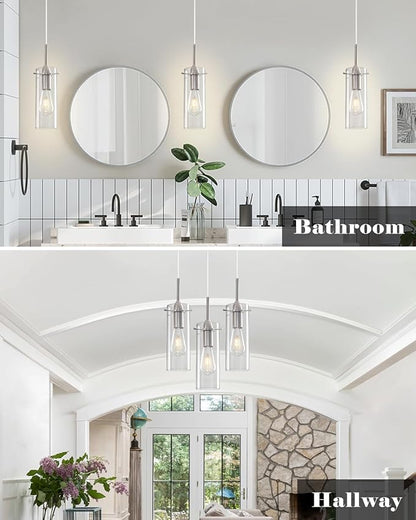 Brushed Nickel Pendant Lights Kitchen Island 1 Pack, Glass Pendant Light, Modern Clear Glass Pendant Light Fixture, Hanging Pendant Lights for Kitchen Island Dining Room Bar
