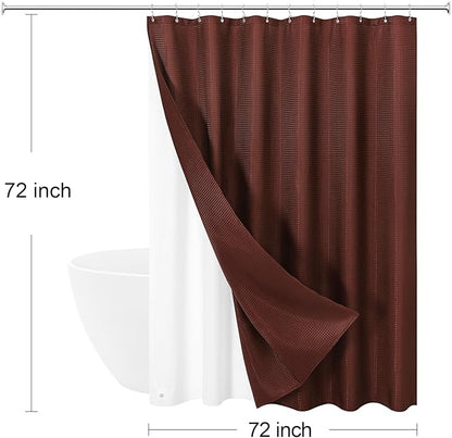 3 in 1 Shower Curtain Set, Brown Waffle Shower Curtain and PEVA Liner Set with 12 Stainless Steel Shower Curtain Hooks, Waterproof Fabric Shower Curtains for Bathroom, 72 W x 72 H