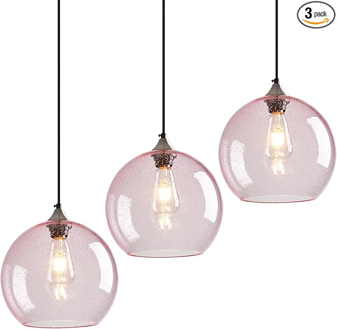 Pink Glass Pendant Lights Kitchen Island Globe Pendant Light Fixtures Modern Pendant Lighting for Bedroom Living Dining Room Light Fixture (9.84 in, 3 Pack)