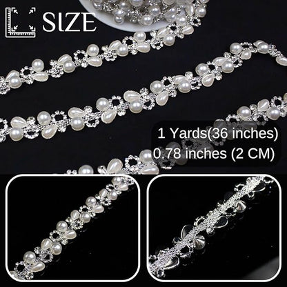 1 Yard Pearl Chain Silver Rhinestone Trim String Crystal Applique Fringe Ribbon Strips Beads Sewing Dress DIY Party Wedding Bouquet for Decoration Bridal Costume Embellishment