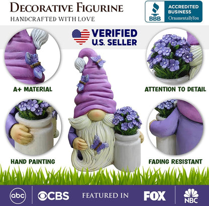 OrnamentallyYou Garden Grace Lavender Gnome Figurine, 10" Purple Home Decor Statue with Butterflies and Flowers