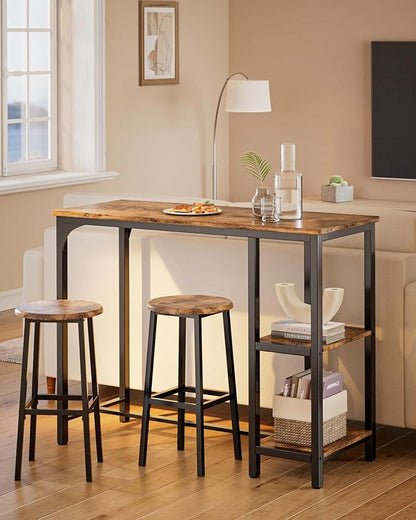 3-Piece Bar Table Set for 2, Table with Stools & 2 Storage Shelves, Small Bar Table Set with Glass Rack, Small Kitchen Table for Dining Room, Living Room, Rustic Brown