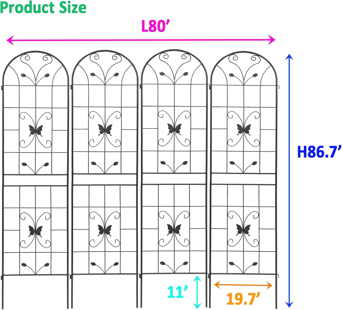 4 Pack Metal Garden Trellis 86.7" Black Fence Rustproof Garden Trellis for Climbing Plants Support Roses Flower Outdoor Lawn, Black