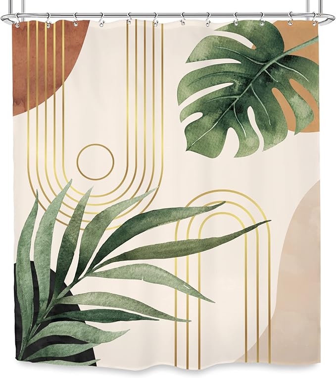 Glawry Mid Century Plant Shower Curtain Boho Botanical Tropical Abstract Minimalist Bohemian Leaves Bathroom Curtains Set Palm 72Wx78L Inches Bath Accessories Art Home Decor Fabric 12 Pack Hooks