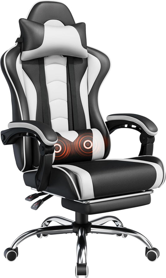 Yaheetech Gaming Chair with Footrest Massage Lumbar Pillow Black and White | Foam-padded PU leather racing seat and plush headrest recline with a slide-out footrest; metal frame supports up to 300 lb.