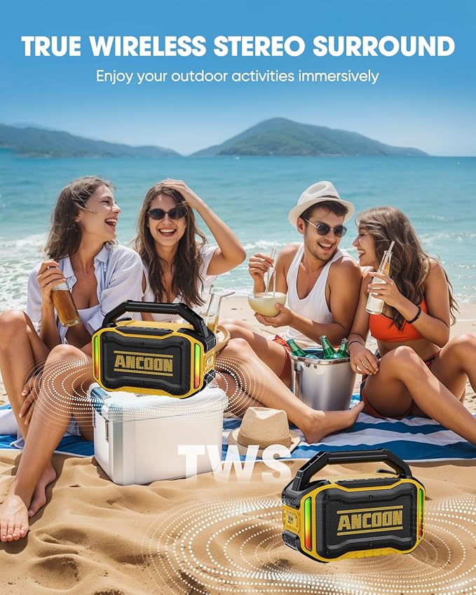 Speakers Bluetooth Wireless: 80W(Peak) Loud Speaker with Bass, 20H Playtime, IPX6 Waterproof, Large Jobsite Speakers for Work, Outdoor, Workshop, Garage, Portable Speaker with TWS (Yellow)