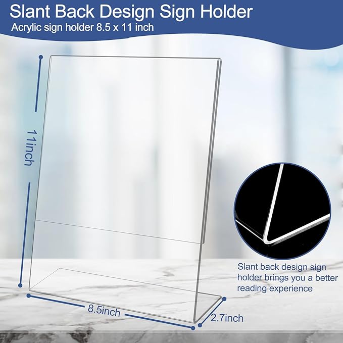 Acrylic Sign Holder 8.5 x 11, 6 Pack Slanted Back Sign Holders for Display, Clear Tabletop Plastic Paper Sign Holder for Office, Home, Restaurant
