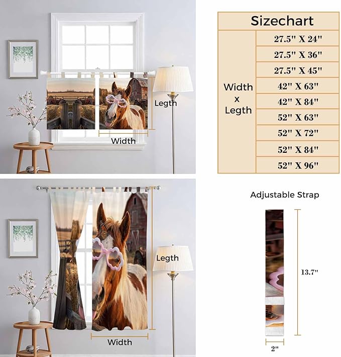 Farm Horses Bedroom Curtains 72 Inch Length, Window Curtains Tab Top, Farmhouse Barn Funny Animals Butterfly Light Filtering Window Treatments Drapes 52"x72" 2 Panel