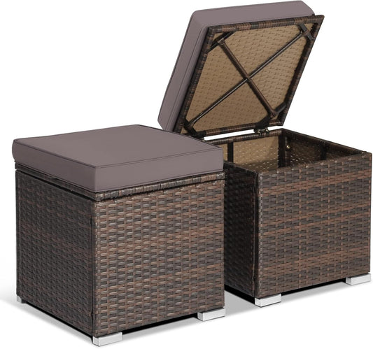 HAPPYGRILL 2PCS Patio Ottoman Set Outdoor Wicker Stool with Storage, Rattan Footrest Ottoman with Solid Metal Frame and Cushion for Backyard Poolside Garden Porch Balcony