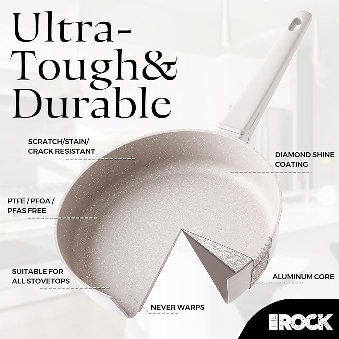 THE ROCK SOHO 9.5-Inch Non Stick Frying Pan with Lid–Nothing Sticks, Never Warps, Lasts Longer, Ceramic Non Toxic Skillet with Heat-Resistant Handle, PTFE PFOA&PFAS Free, Oven & Dishwasher Safe, Cream