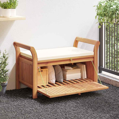 Garden Storage Bench, 49.6 Inch Solid Acacia Wood Outdoor Storage Box with Cream White Cushion, Large Wood Deck Box for Patio Seating and Yard Organization, Natural Oiled Finish