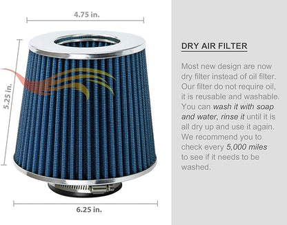 BLUE 2.75" 70 mm Inlet Cold Air Cone Replacement Performance Washable Clamp-On Dry Air Filter