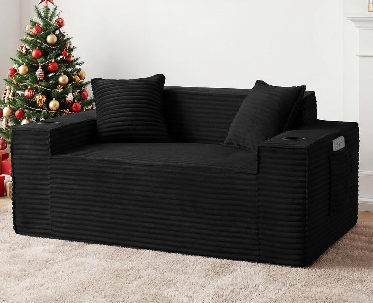 61” Loveseat Sofa, Comfy Corduroy Couch with Cup Holders & Storage Pockets, Deep Seat 2-Seater Cloud Couches for Small Space Living Room No Assembly Required, Black