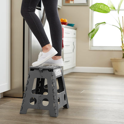 Casafield 16" Folding Step Stool with Handle (Set of 2), Gray - Portable Collapsible Small Plastic Foot Stool for Adults - Use in the Kitchen, Bathroom and Bedroom