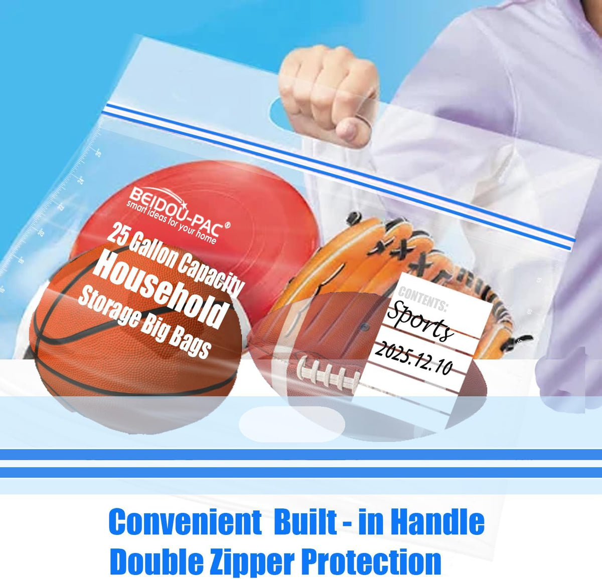 25 Gallon Jumbo Storage Bags with Handle, 30 Counts | Double Zipper Seal | Expandable Bottom, Resealable Clear zip Bags for Home Travel, Moving, Commercial and Outdoor