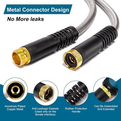 Metal Garden Hose 100 FT, Stainless Steel Hose, Water Hose with 10 Function Nozzle, No Kink & Tangle, Easy to Use & Store, Heavy Duty Lightweight Outdoor Hose