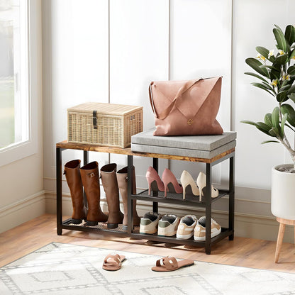 Shoe Rack for Entryway, Freestanding Hidden Shoe Storage Organizer, Boot Shoe Bench Shelves for High Heels with Seat cushion, Narrow Wood Shoe Rack for Entrance Closet, Hallway, 3 Tier (Gray+Black)