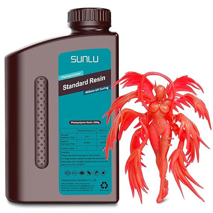 SUNLU 3D Printer Resin 1kg, Fast Curing Standard 3D Resin for LCD DLP SLA 3D Printers, 395 to 405nm UV Curing 3D Printing Liquid Photopolymer Resin, Low Shrinkage, High Precision, 1000g, Clear Red