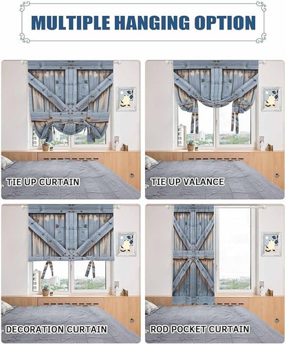 Tie Up Curtains for Windows, Farmhouse Wood Grain Adjustable Balloon Nature Linen Textured Kitchen Curtain, Vintage Country Barn Gate Textured Tie Up Blackout Curtains for Bedroom, 52 x 63 Inches