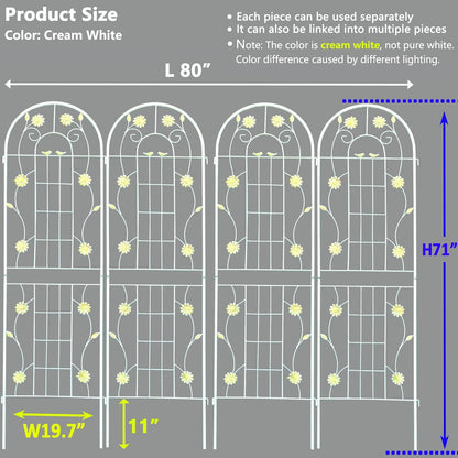 4 Pack Metal Garden Trellis 71" H Cream White Garden Fence Rustproof Trellis for Climbing Plants Support Roses Flower Outdoor Lawn, White 6FT