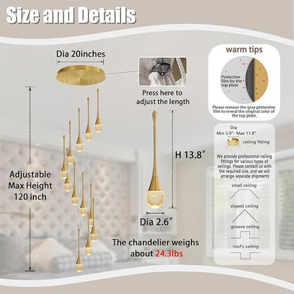 12-Lights Staircase Chandelier Gold Pendant Light Fixture for Sloped High Ceiling Raindrop Chandelier for Living Room Foyer Hallway Villa