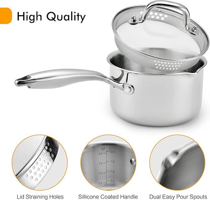 Stainless Steel Saucepan with Tempered Glass Lid, 2.5 Quart Multipurpose Cooking Pot, Sauce Pot for Easy Pour with Ergonomic Handle