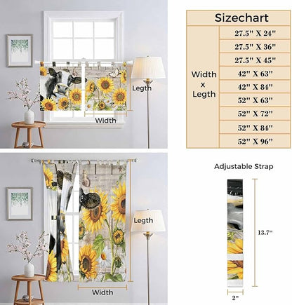 Yellow Sunflowers Living Room Curtains 96 Inch Length, Window Curtains Tab Top, Farmhouse Cow Barn Doors Floral Butterfly Light Filtering Window Treatments Drapes 52"x96" 2 Panel