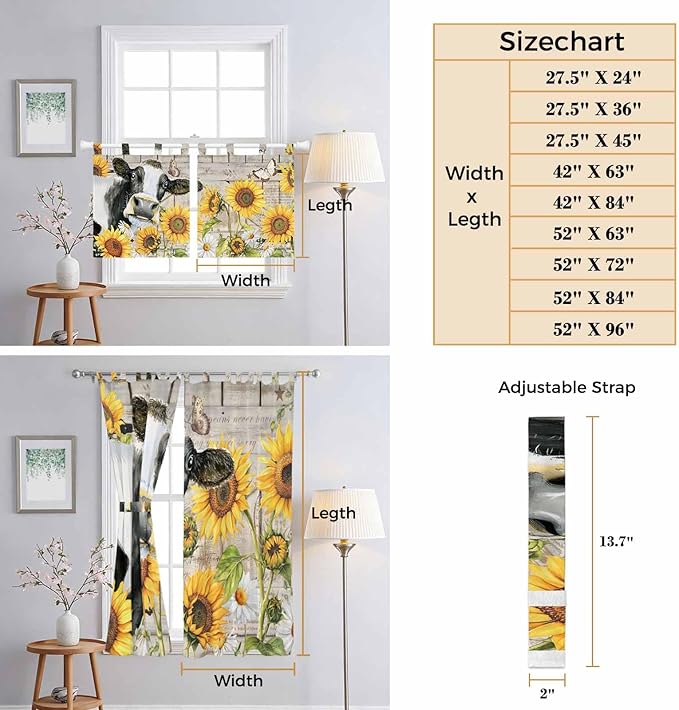Yellow Sunflowers Bedroom Curtains 72 Inch Length, Window Curtains Tab Top, Farmhouse Cow Barn Doors Floral Butterfly Light Filtering Window Treatments Drapes 52"x72" 2 Panel