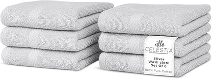 100% Cotton Wash Cloth for face & Body Set of 6, (12 x 12 inches) Sustainable, Soft, Highly Absorbent, Combed Cotton Wash Cloths Pack of 6 for Hotels, Spa, Bathroom, Dorm, Silver