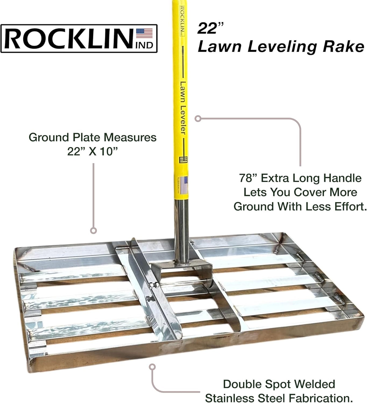 Rocklin™ Lawn Leveling Rake – 22” x 10” Stainless Steel Levelawn Tool with 78” Handle | Smooth & Level Soil, Sand or Grass | Durable Leveling Tool for Lawn, Yard and Garden