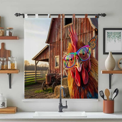 Farm Rooster Bedroom Curtains 72 Inch Length, Window Curtains Tab Top, Farmhouse Barn Funny Animals Butterfly Light Filtering Window Treatments Drapes 52"x72" 2 Panel