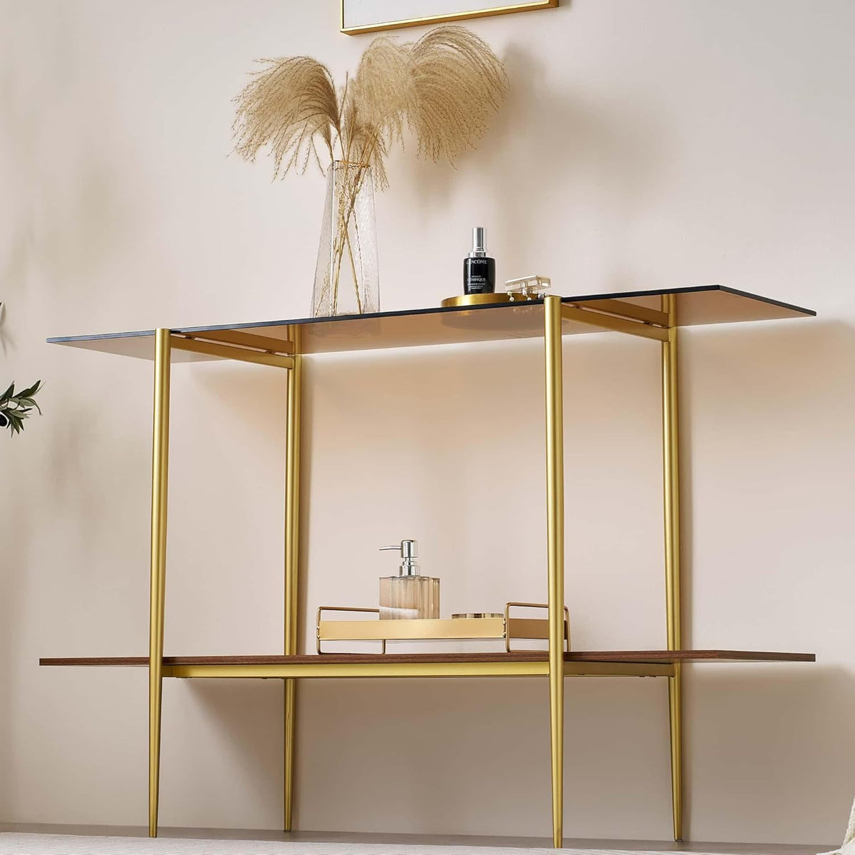 Extra Large Glass Console Table for Living Room, Foyer & Entrance, L47 x W16 x H31, Mid-Century Modern Sofa Table with Amber Glass Top, Walnut Finish Wood Top and Gold Finish Metal Frame