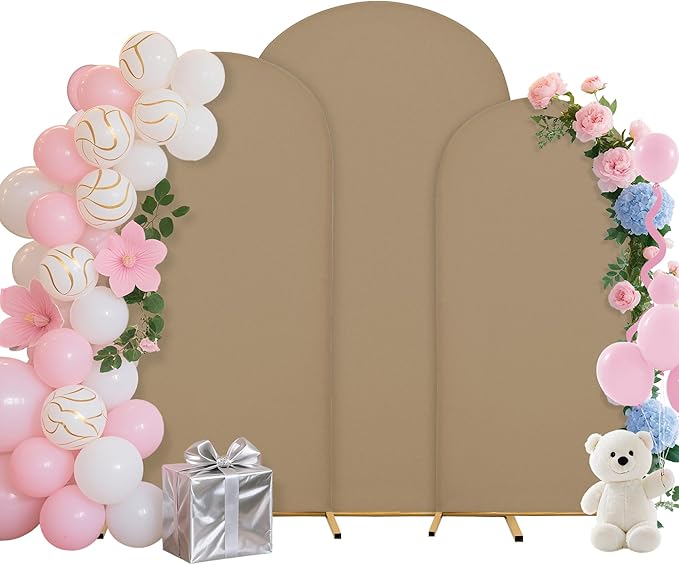 Wedding Arch Covers Arch Backdrop Cover Arch Stand Covers 7.2FT 6.6FT 6FT Set of 3 Arch Cover Spandex Fabric Stretchy Backdrop for Wedding Birthday Party Decoration Baby Shower (Khaki)