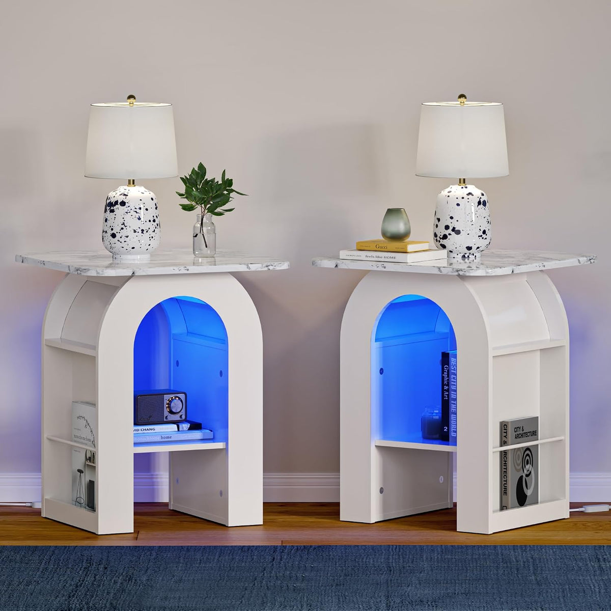FIMELLO 19" End Table Set of 2 with Marble Top, Modern Arched Night Stand Nightstands with RGB Lighting, Bedroom Nightstand, Side Table with Storage for Living Room & Bedroom