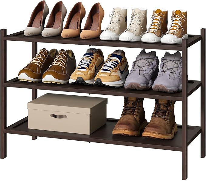 Bamboo Shoe Rack for Entryway, 3-Tier Stackable | Foldable | Natural, Shoe Organizer for Hallway Closet, Free Standing Shoe Racks for Indoor Outdoor
