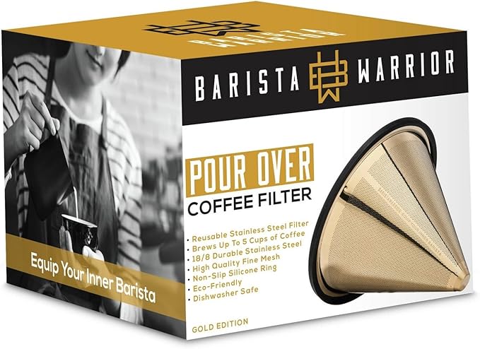Barista Warrior Compatible with Hario V60 Pour Over Coffee Filters - Reusable Stainless Steel - Best Coffee Maker and Bar Accessories (Gold Titanium Coated)