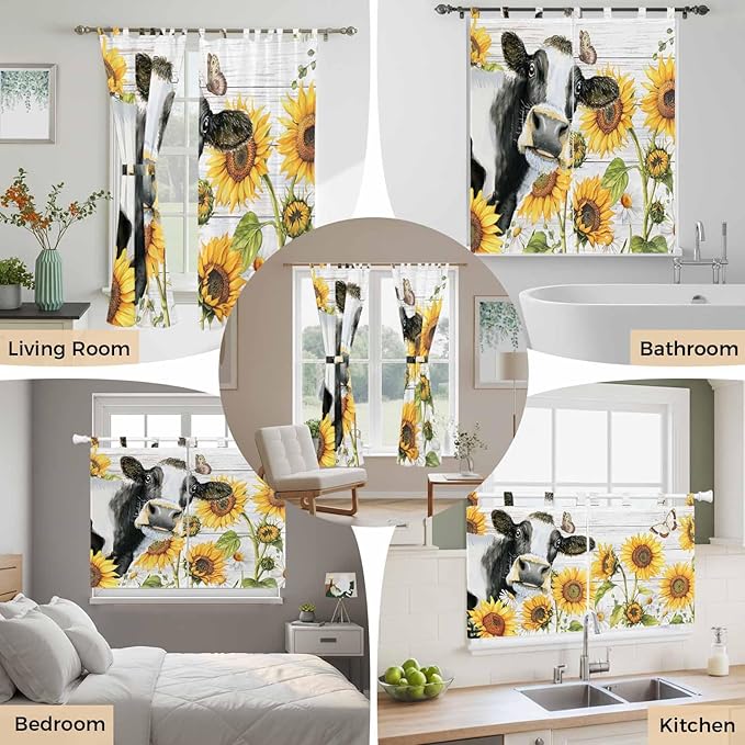 Retro Farmhouse Floral Bathroom Curtains 63 Inch Length, Window Curtains Tab Top, Yellow Sunflowers Cows Butterfly Wood Light Filtering Window Treatments Drapes 52"x63" 2 Panel