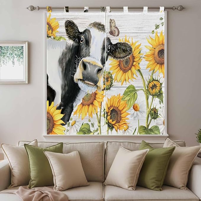 Retro Farmhouse Floral Bathroom Curtains 63 Inch Length, Window Curtains Tab Top, Yellow Sunflowers Cows Butterfly Wood Light Filtering Window Treatments Drapes 52"x63" 2 Panel