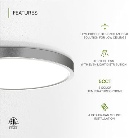 ASD LED 9" Round Flush Mount Ceiling Light Fixture, Low Profile Surface Lighting | 5CCT, Dimmable, Ultra-Thin, ETL Listed | 18W 1660LM 2700-6000K 120V | Kitchen, Bedroom, Hallway Lamp | Nickel, 6 Pack